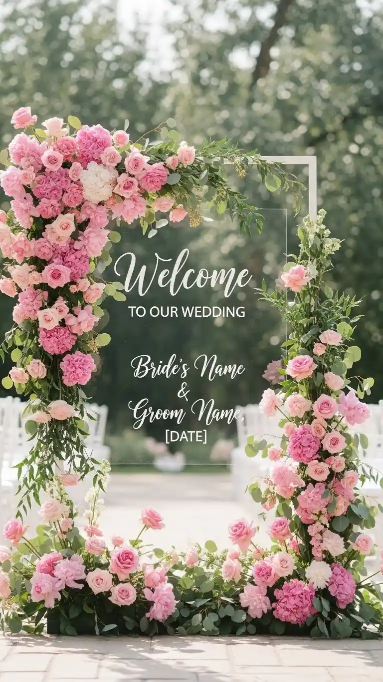 21 Pink Wedding Ceremony Decor Ideas That Feel Soft & Dreamy 13 Pink Floral Welcome Sign Frames for a Beautiful First Impression