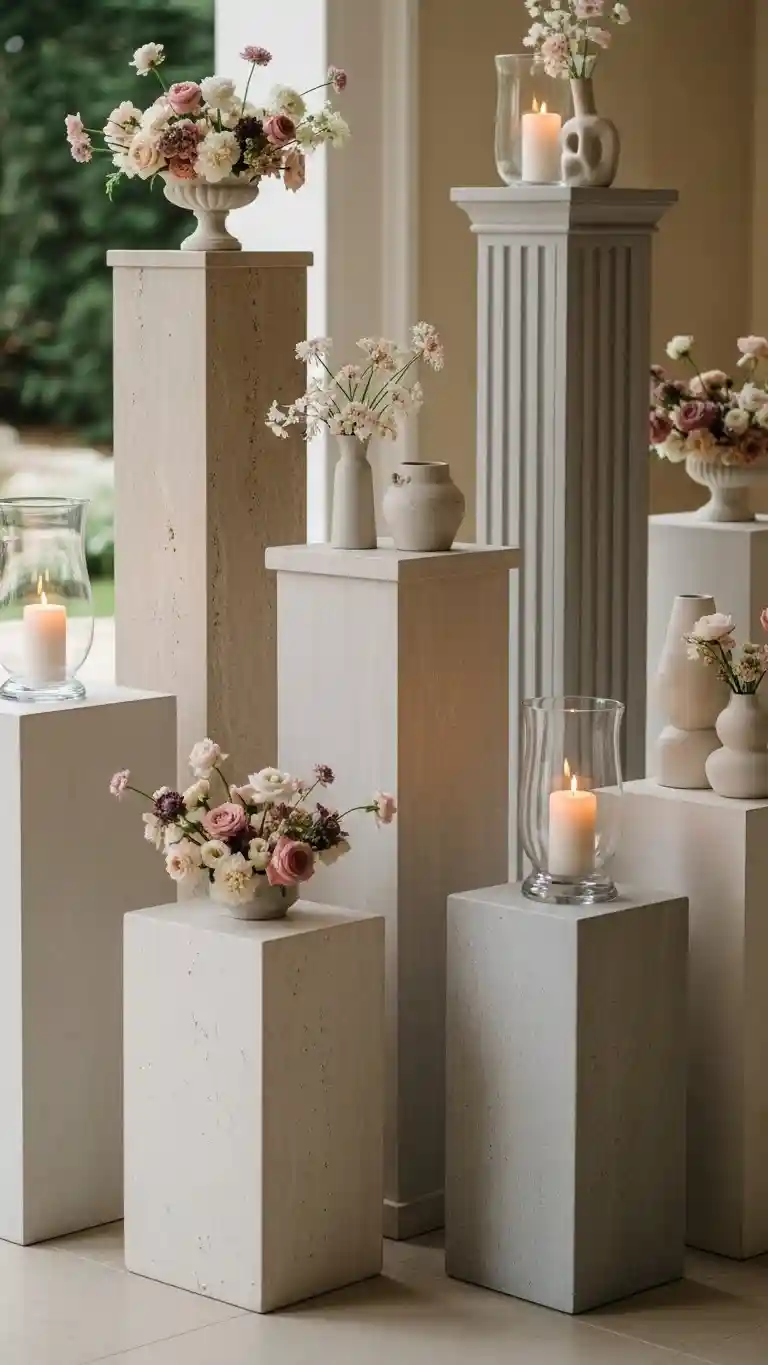 21 Neutral Wedding Ceremony Décor Ideas You’ll Love 17 Stone-Colored Pedestals for Clean Architectural Elegance