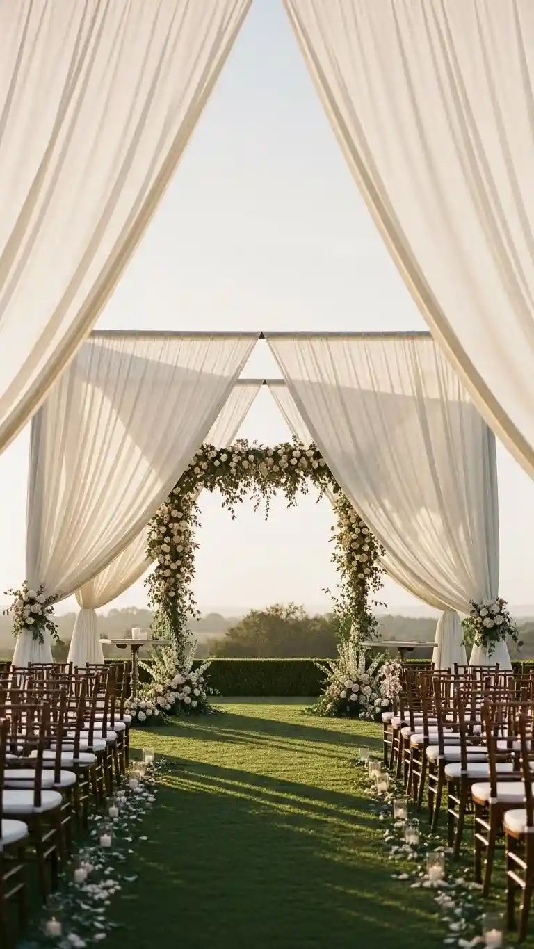 21 Neutral Wedding Ceremony Décor Ideas You’ll Love 19 Pure Ivory Ceremony Draping for a Timeless Romantic Setting