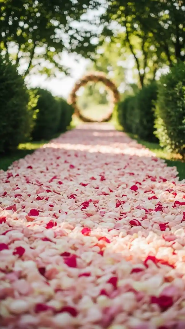 21 Pink Wedding Ceremony Decor Ideas That Feel Soft & Dreamy 17 Pink Petal Aisle Runner for a Romantic Walk-In Moment