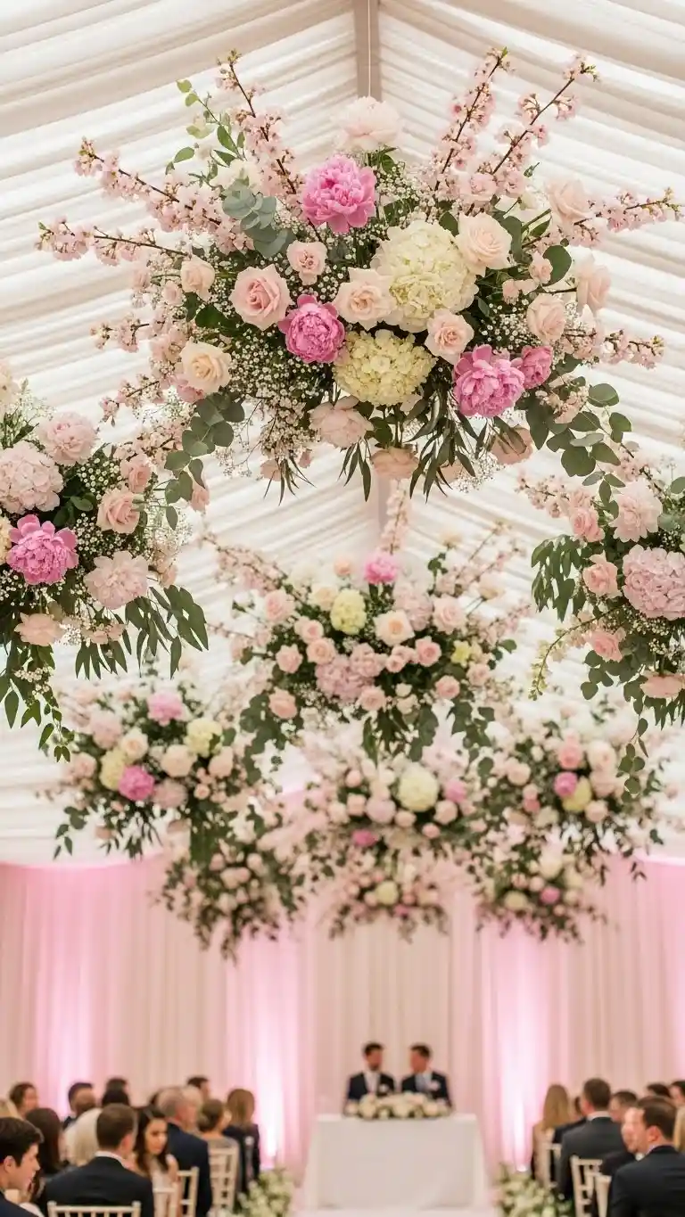 21 Pink Wedding Ceremony Decor Ideas That Feel Soft & Dreamy 18 Pink-Inspired Hanging Floral Clouds for Floating Elegance