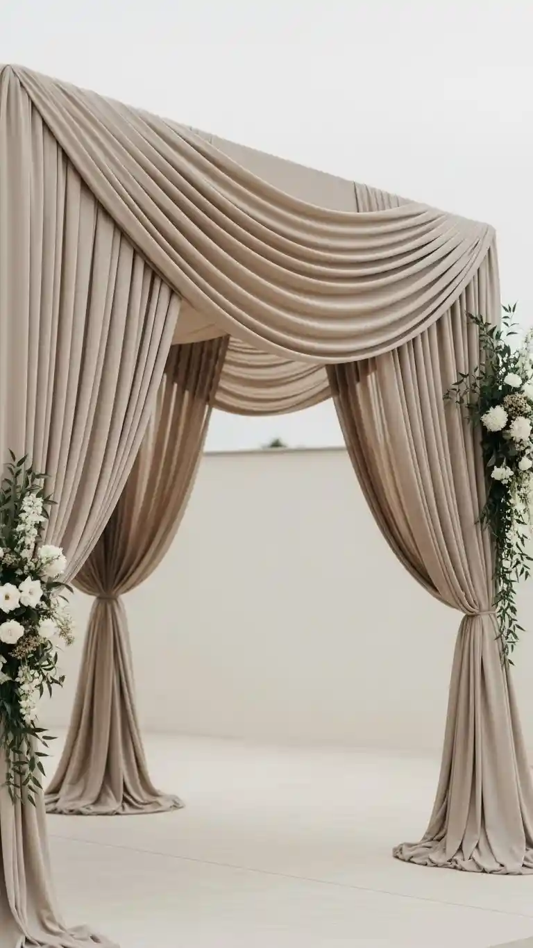 21 Neutral Wedding Ceremony Décor Ideas You’ll Love 22 Light Taupe Draped Canopies for a Soft Focal Point