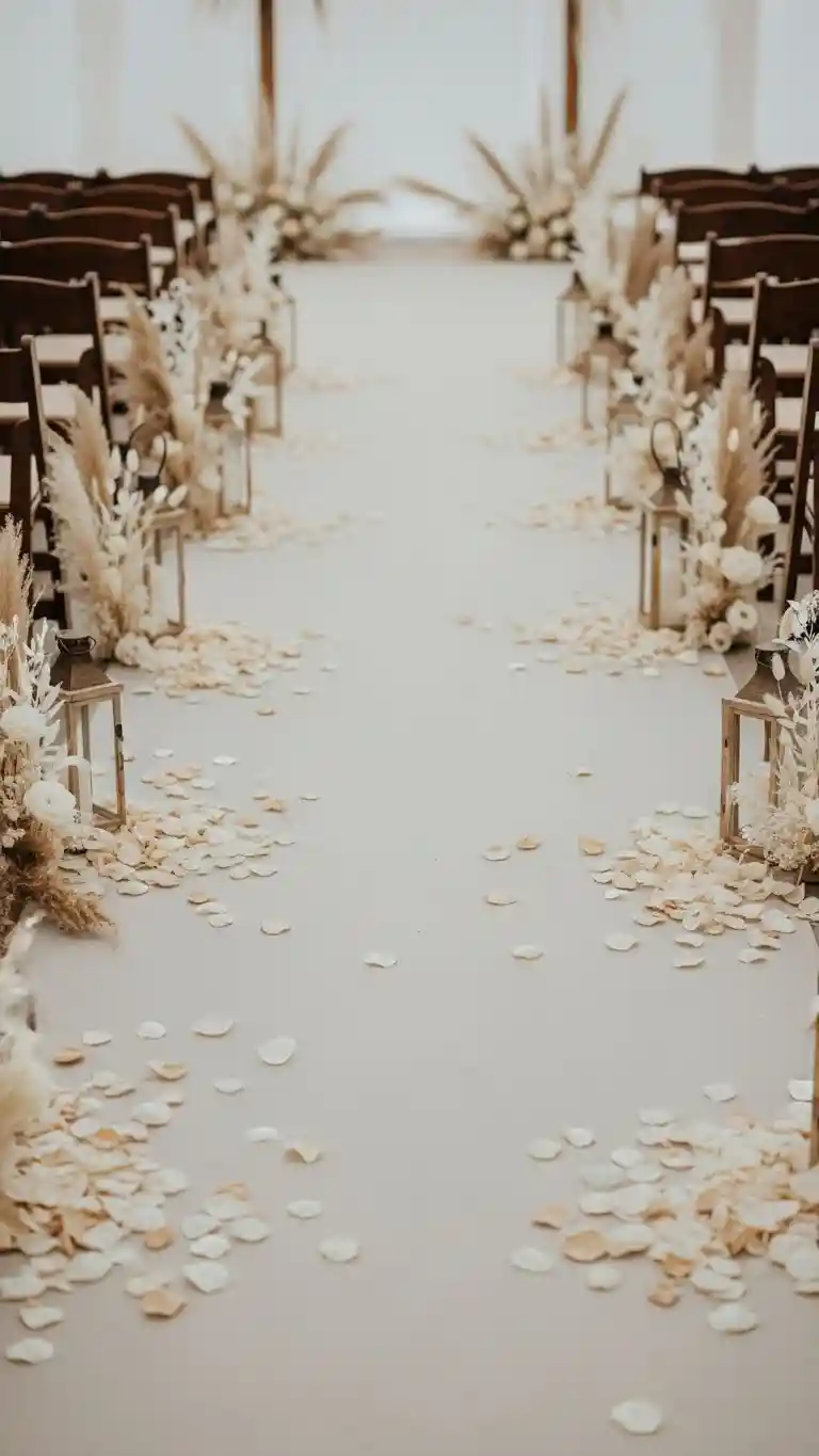 21 Neutral Wedding Ceremony Décor Ideas You’ll Love 23 Minimalist Neutral Aisle Petals for Subtle Romance