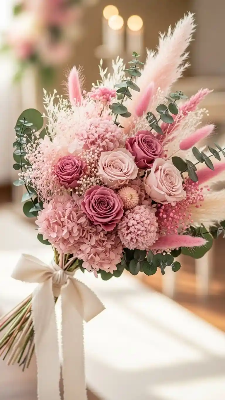 21 Pink Wedding Ceremony Decor Ideas That Feel Soft & Dreamy 21 Pink Dried Flower Bouquets for Artistic and Lasting Beauty
