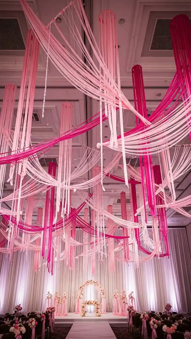 21 Pink Wedding Ceremony Decor Ideas That Feel Soft & Dreamy 22 Pink Ribbon Hanging Installations for Artistic Movement