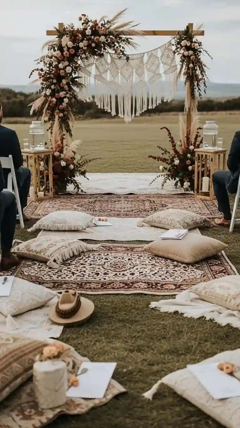 25 Boho Wedding Ceremony Décor Ideas That Wow Guests 24 Include Thoughtful Guest Comfort Amenities