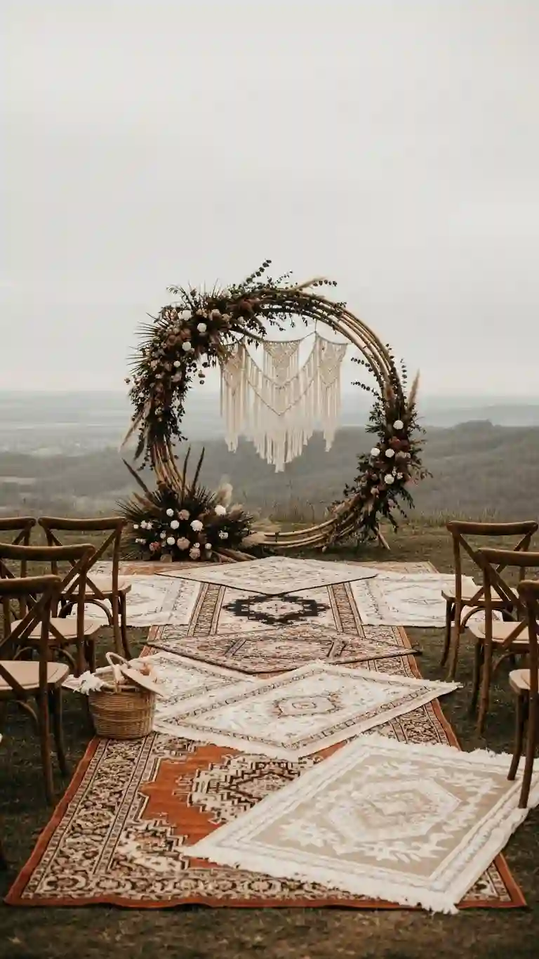 25 Boho Wedding Ceremony Décor Ideas That Wow Guests 27 Add Grounded Ceremony Rugs for a Cozy Atmosphere