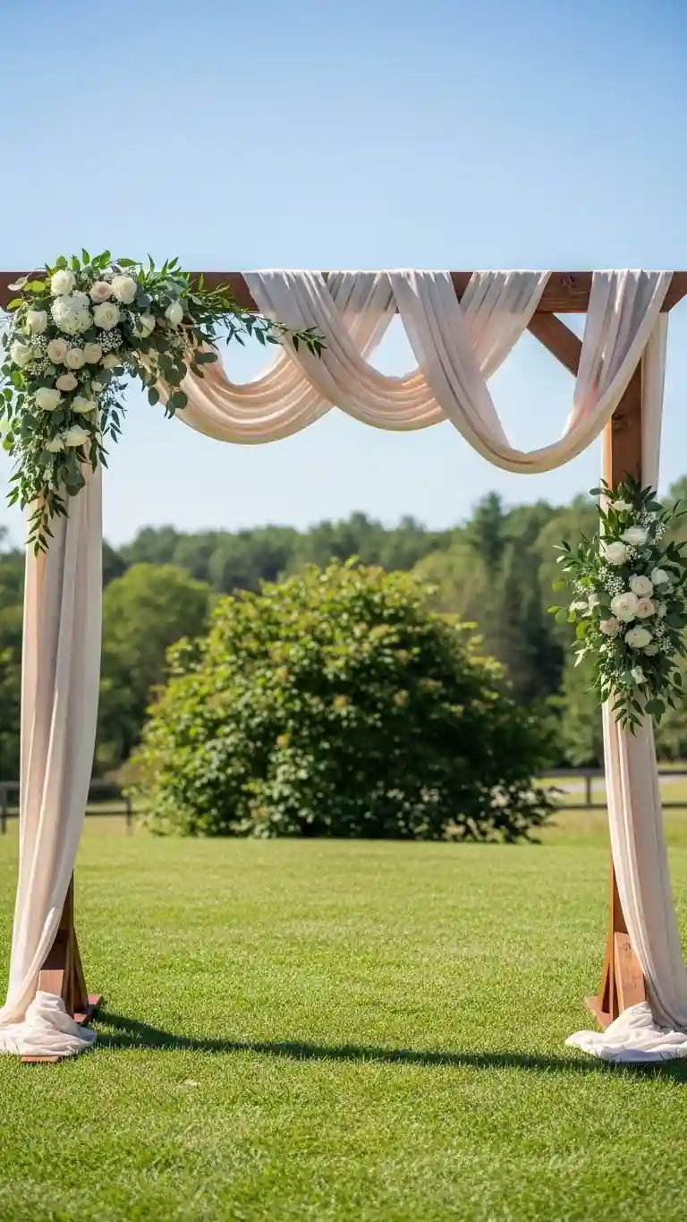 25 Backyard Wedding Ceremony Decor You’ll Love 6 Wooden Arch Draped with Soft Fabrics