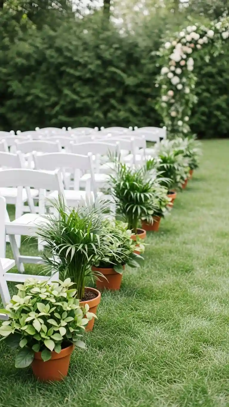 25 Backyard Wedding Ceremony Decor You’ll Love 19 Potted Plants as Aisle Accents