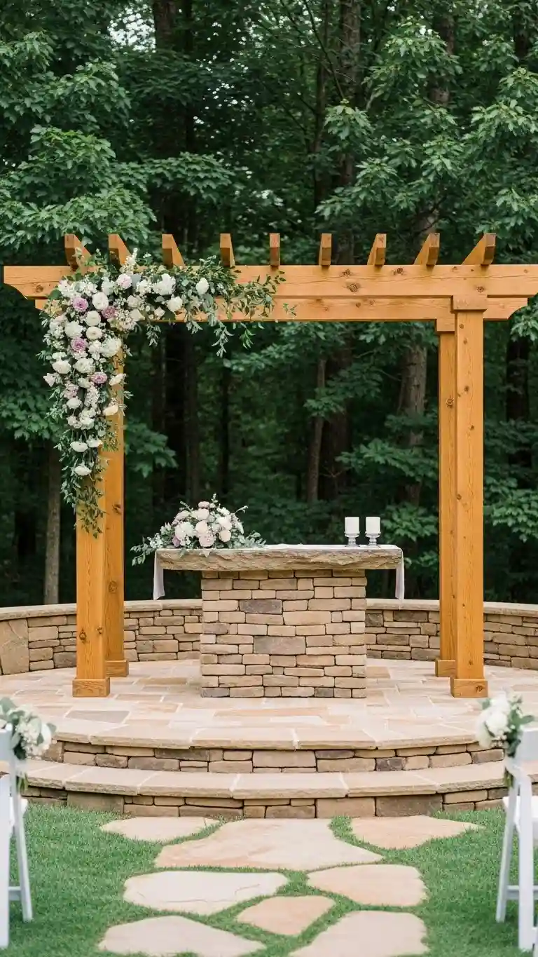 25 Backyard Wedding Ceremony Decor You’ll Love 18 Natural Stone or Wood Altar Platform
