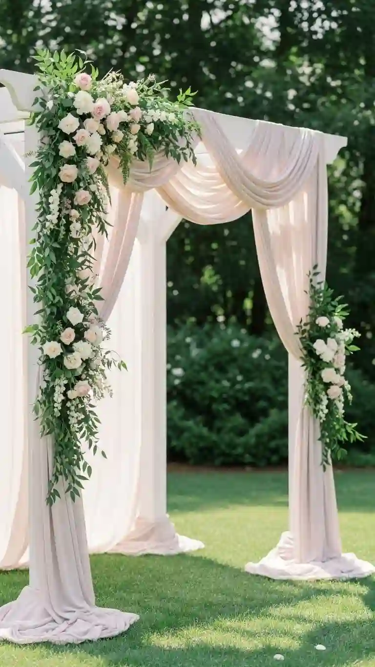 23 Outdoor Wedding Altar Ideas for a Dreamy Ceremony 8 Garden-Style Arbor Draped in Soft Fabric