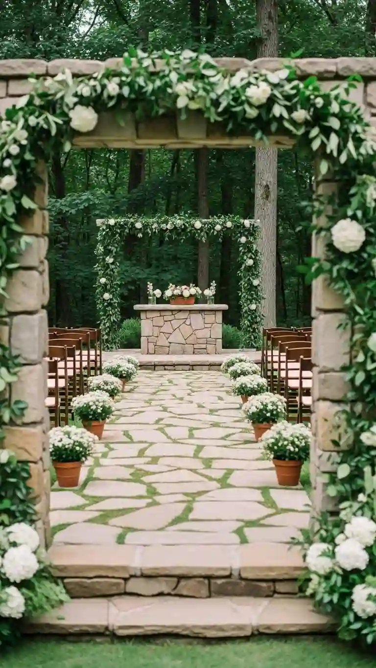 Stone Pathway Altar Framed with Natural Greenery Stone Pathway Altar Framed with Natural Greenery