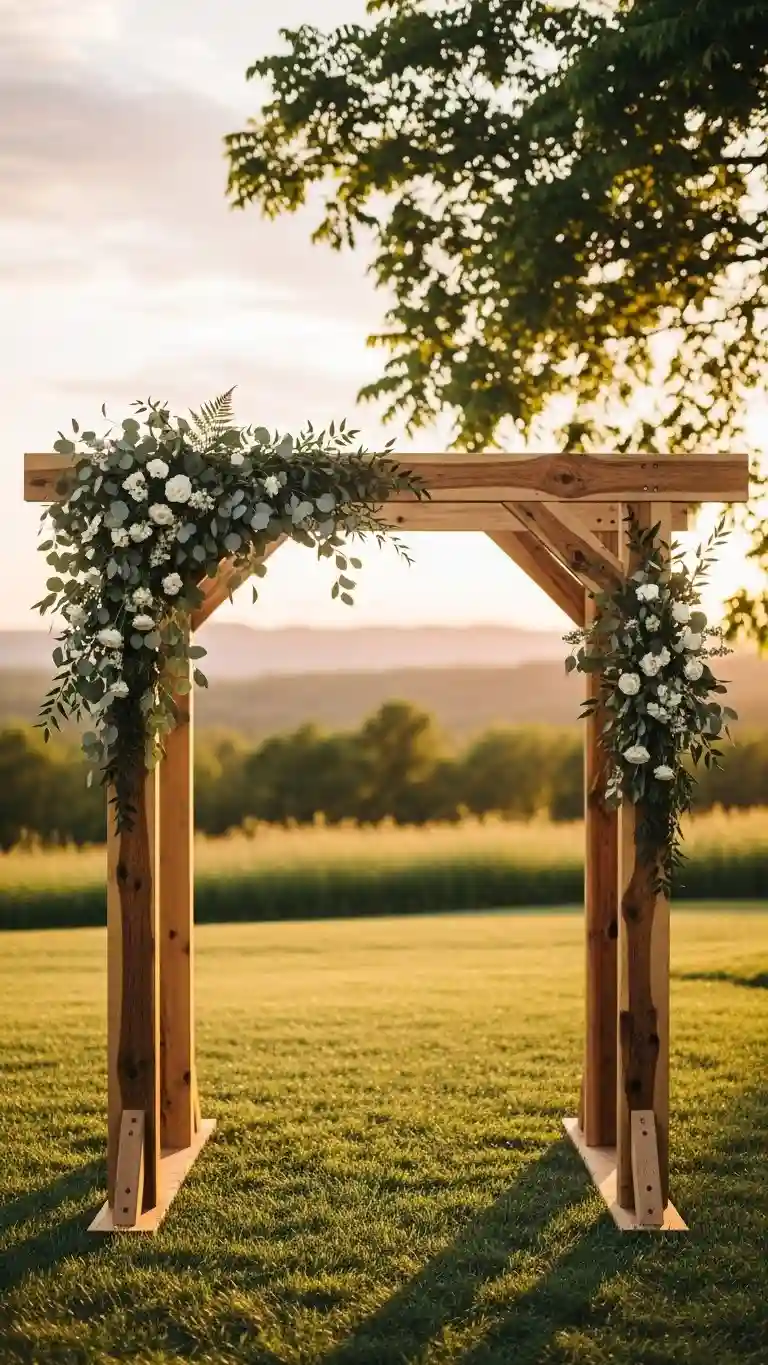 25 Outdoor Wedding Altars Ideas for a Dreamy Ceremony 5 Rustic Wooden Arch with Natural Greenery