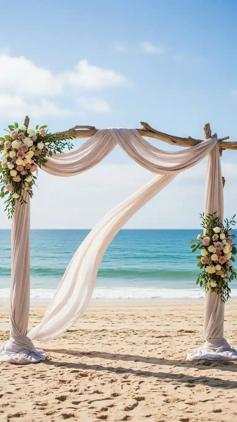 21 Beach Wedding Ceremony Décor Ideas for a Dreamy Setting 3 Driftwood Arches with Flowing Fabrics