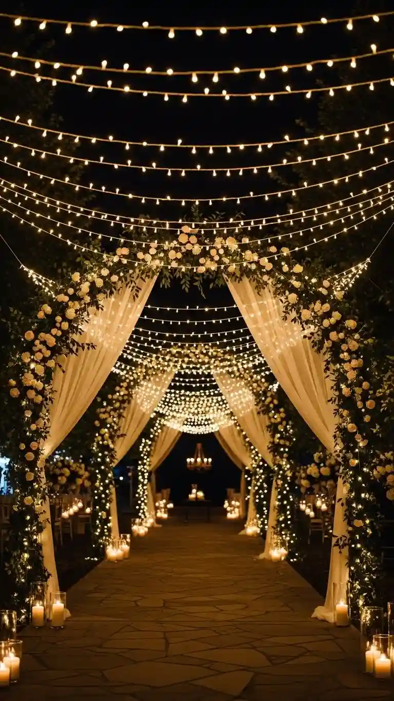 Aisle Runners with Coastal Motifs String Lights or Fairy Lights to Create Ambiance