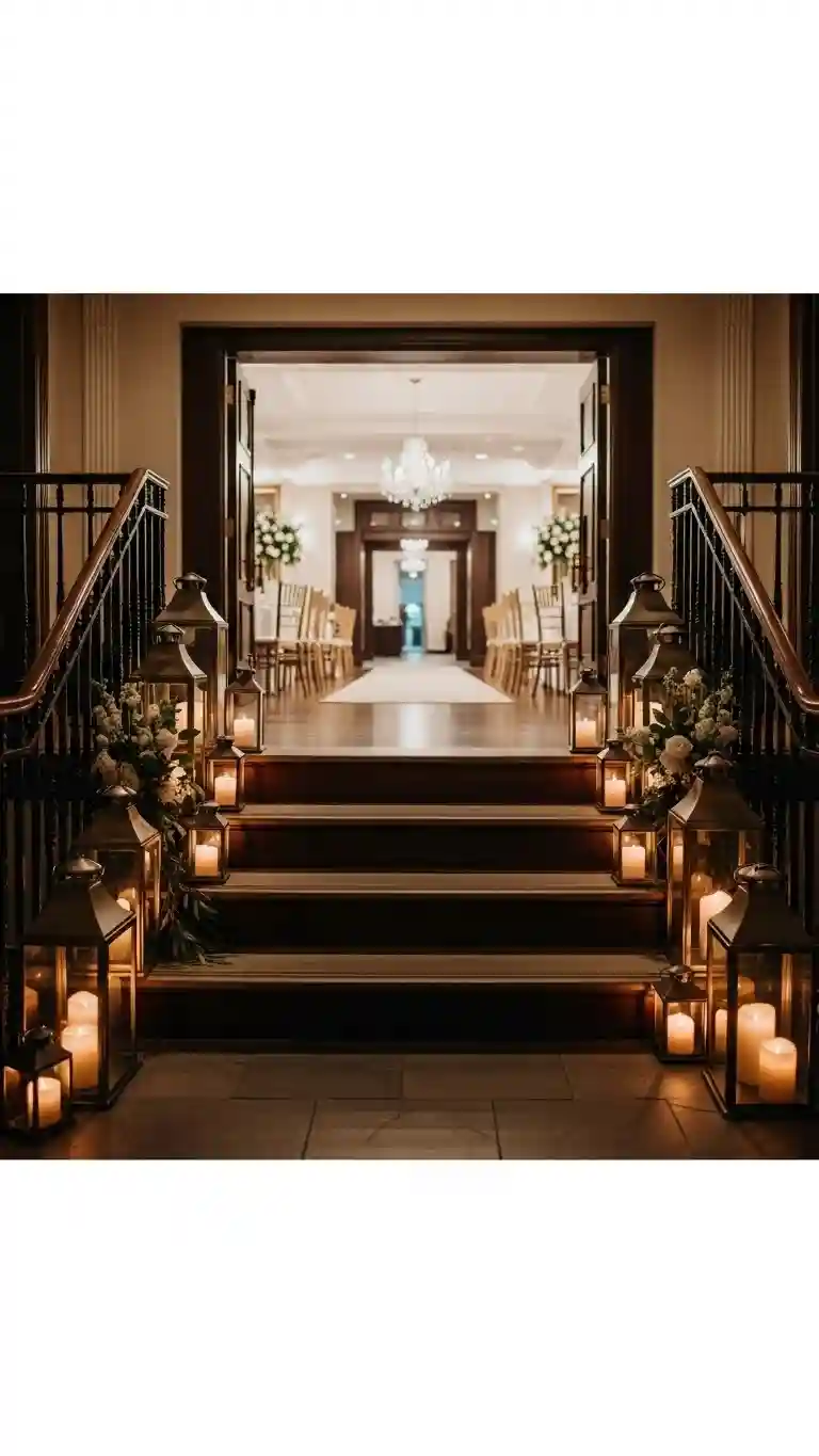 Aisle Runners with Coastal Motifs Decorative Lanterns Lining the Entry Path