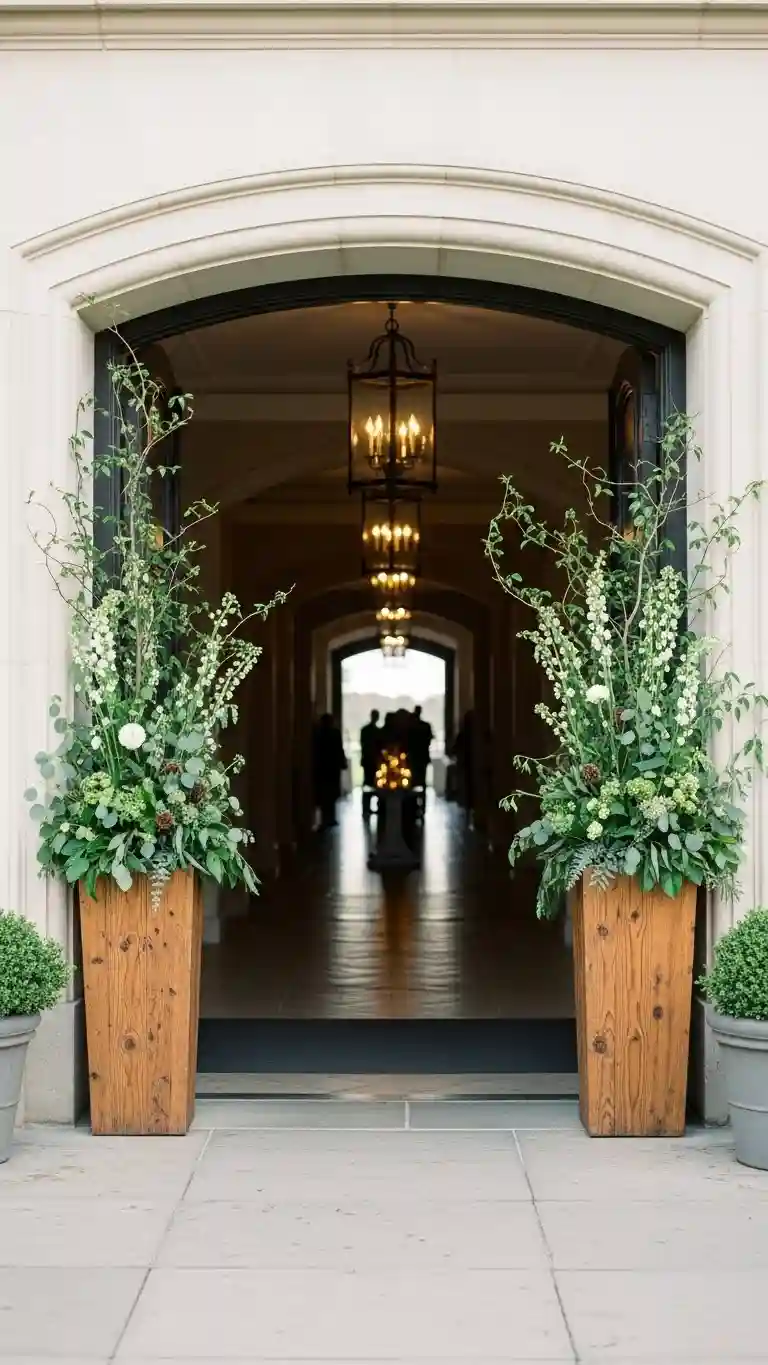Aisle Runners with Coastal Motifs Statement Planters with Tall Greenery or Florals