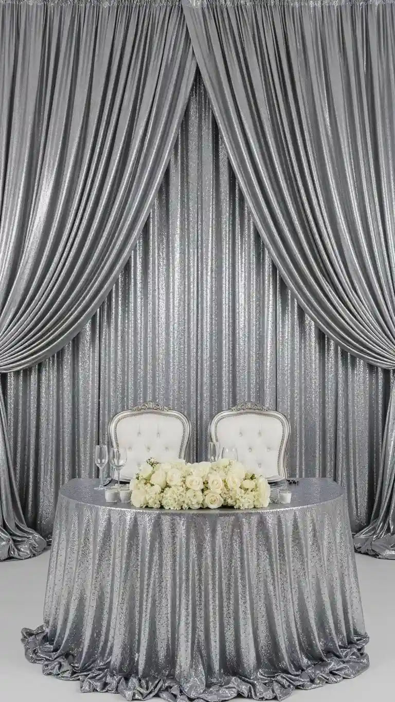 Aisle Runners with Coastal Motifs Metallic Curtain Backdrops for Head Table
