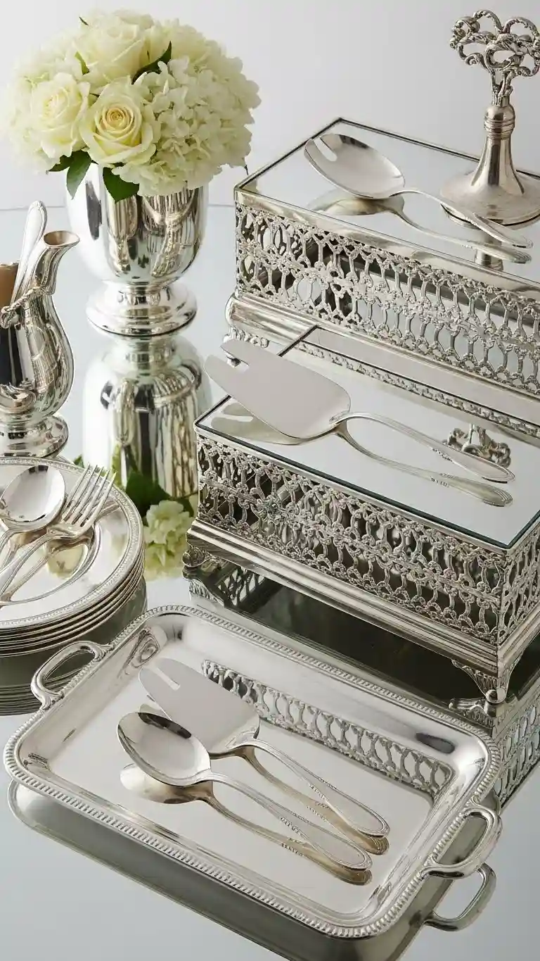 Aisle Runners with Coastal Motifs Silver-Plated Serving Utensils and Display Trays