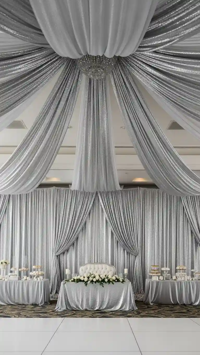 Aisle Runners with Coastal Motifs Silver Draped Fabrics for Ceiling or Backdrops