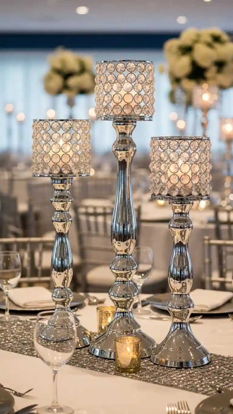 Aisle Runners with Coastal Motifs Crystal Candle Holders with Silver Accents