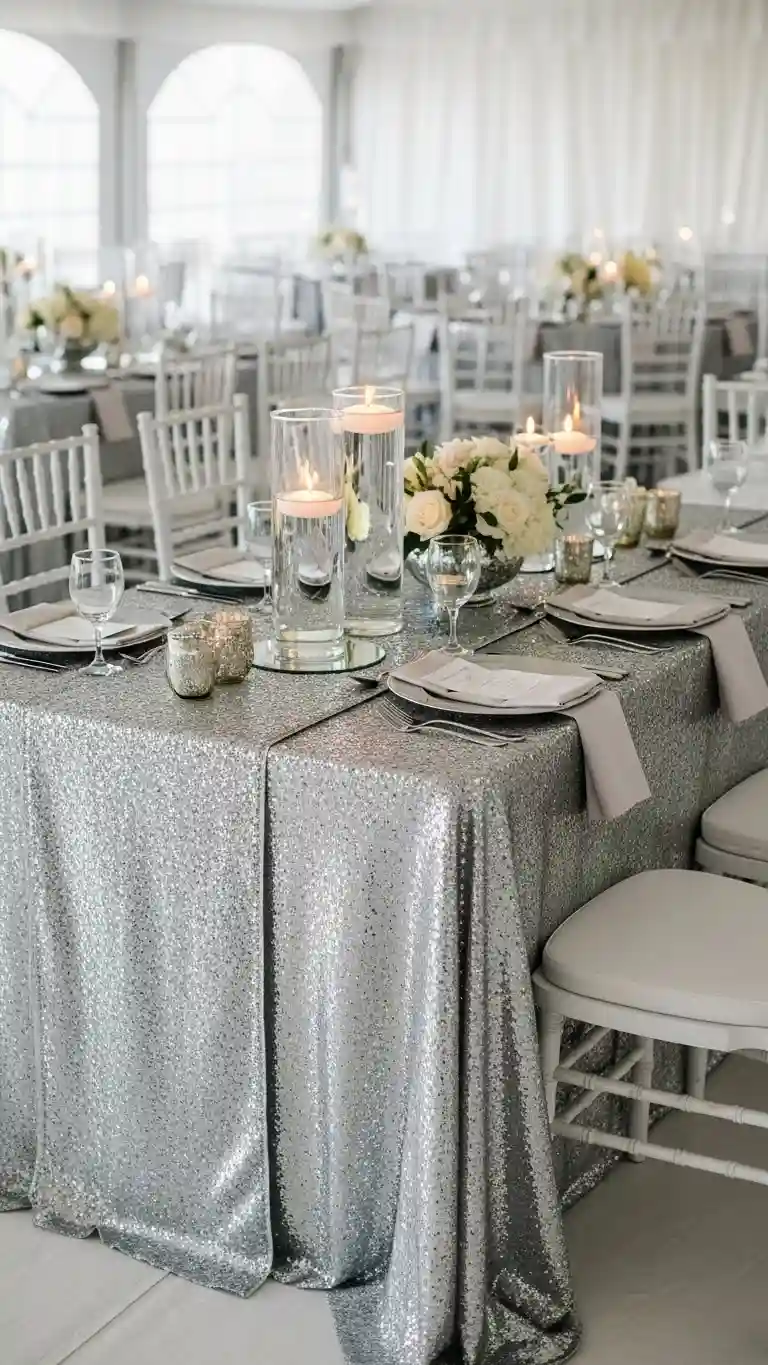 Aisle Runners with Coastal Motifs Silver Table Runners with Complementary Centerpieces