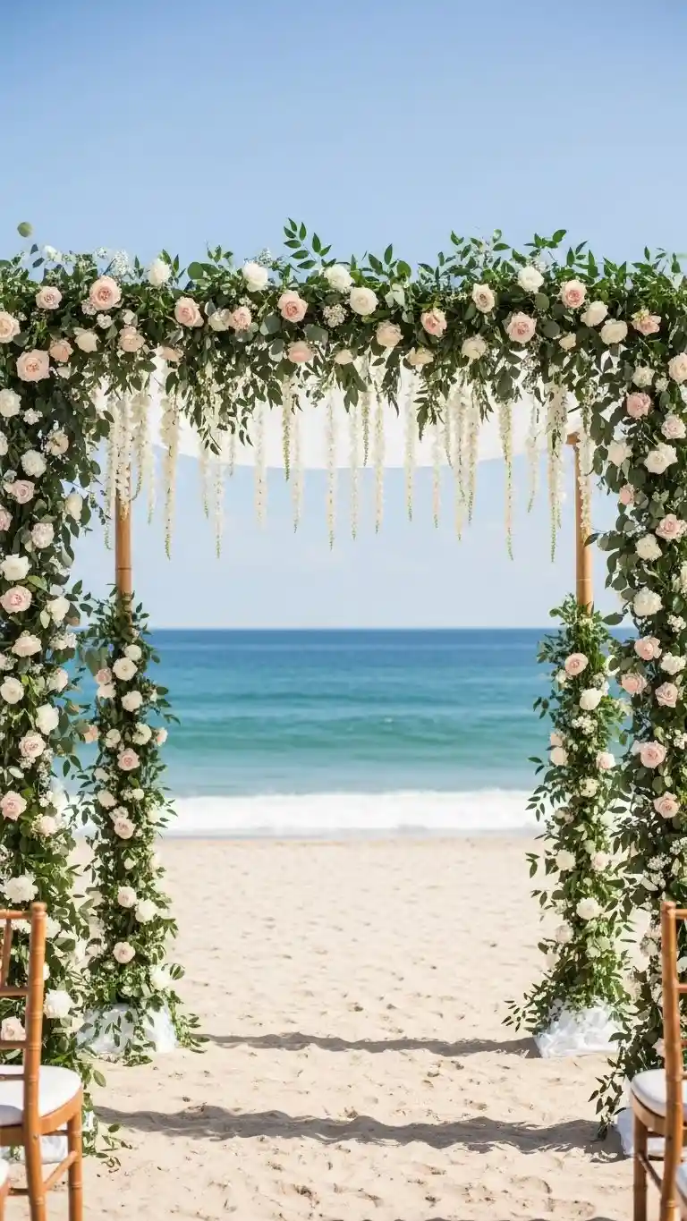Aisle Runners with Coastal Motifs Hanging Floral Installations Above the Altar