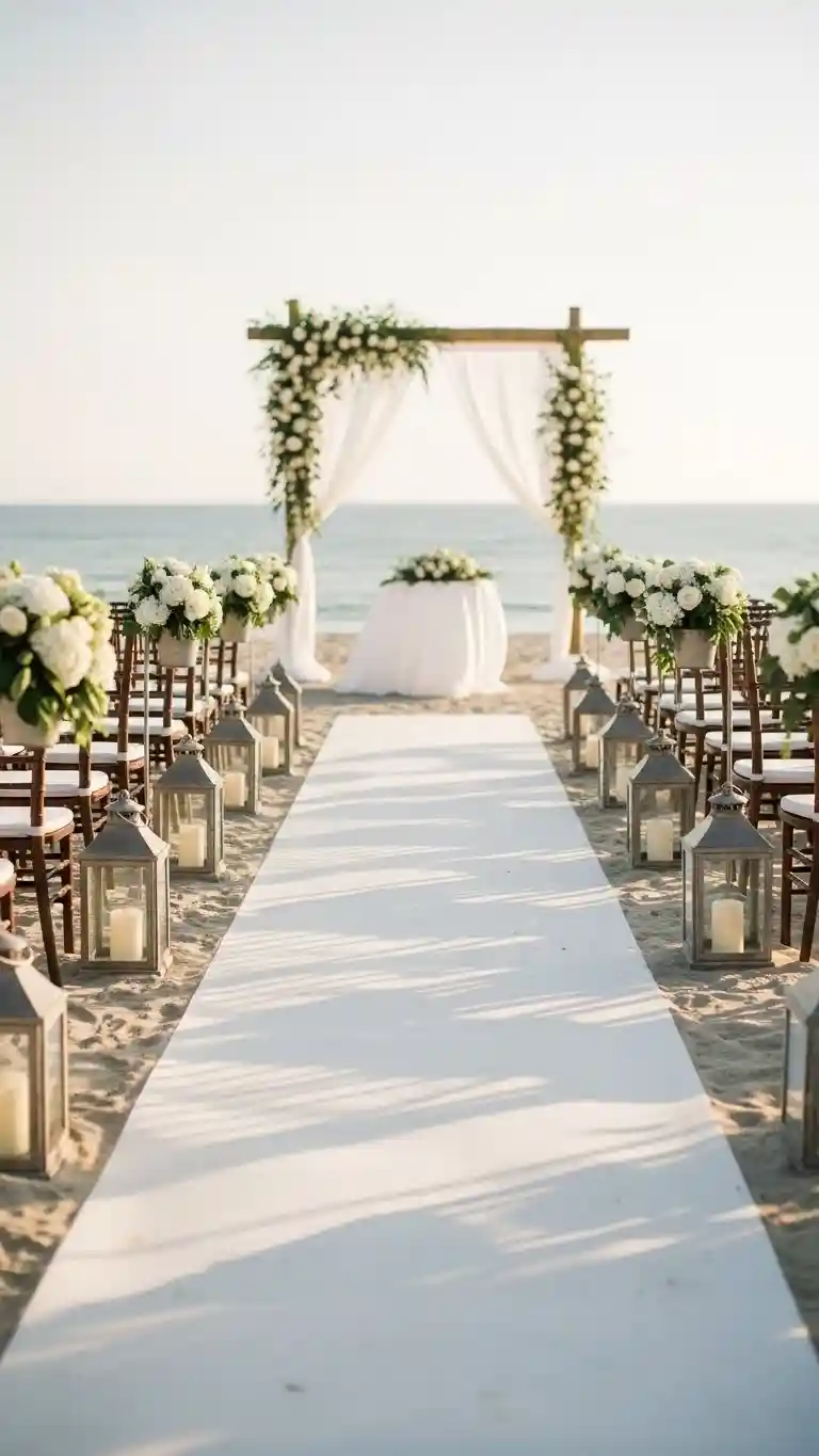 Aisle Runners with Coastal Motifs Lantern-Lined Aisles for Soft Daylight Glow