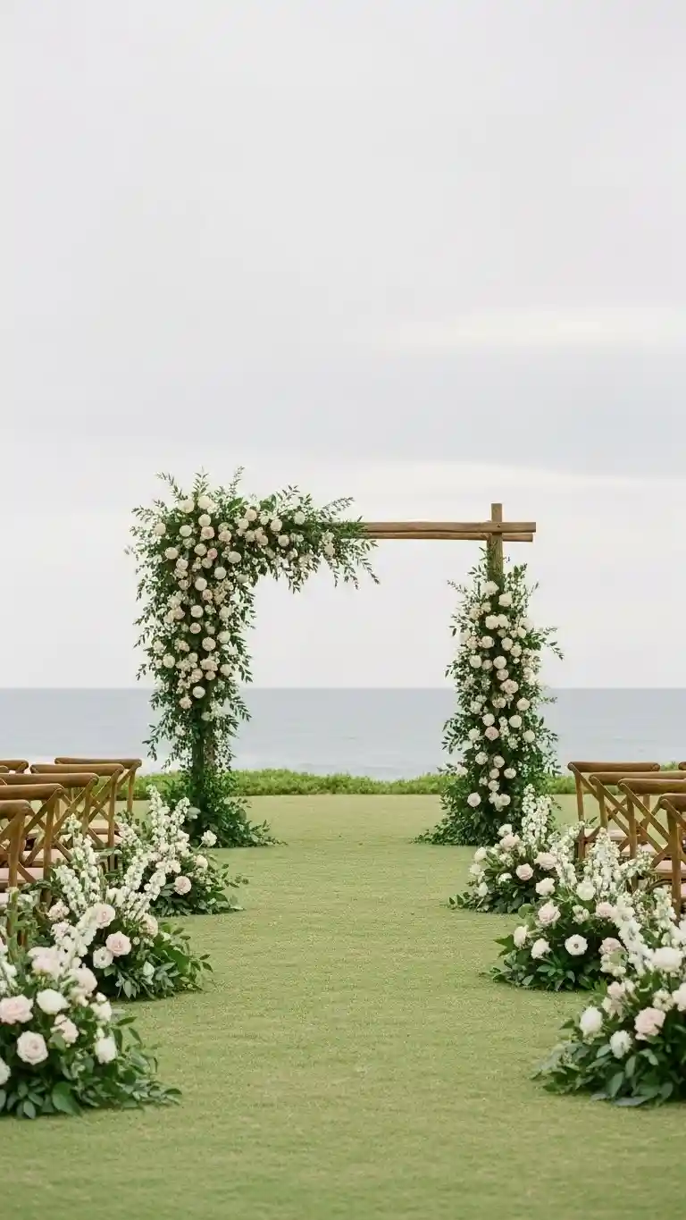 Aisle Runners with Coastal Motifs Floral Ground Arrangements Framing the Ceremony Space