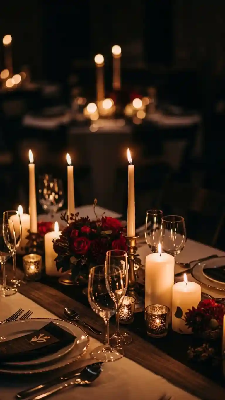Aisle Runners with Coastal Motifs Dramatic Candle Groupings at Table Center