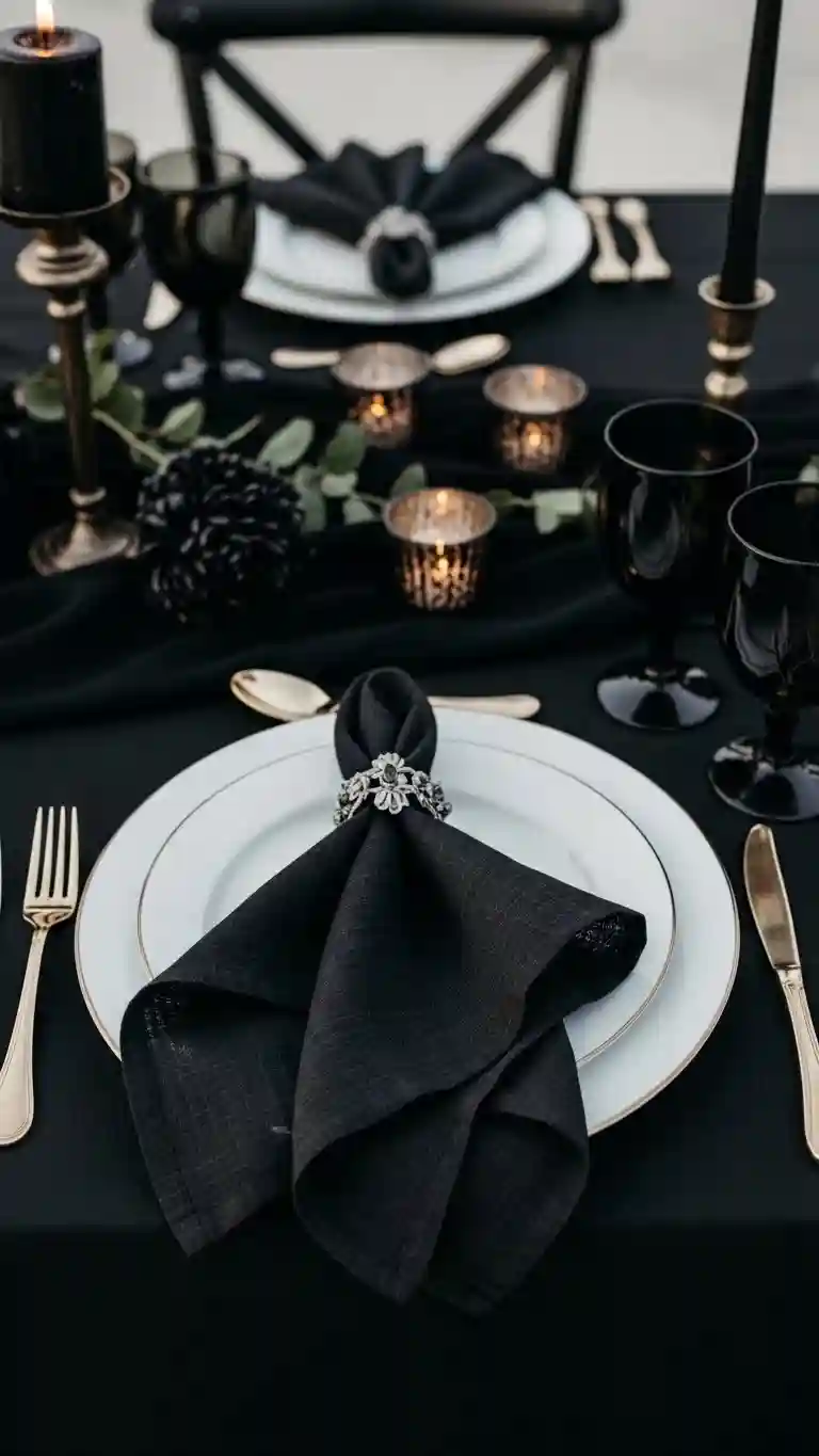 Aisle Runners with Coastal Motifs Textured Black Napkins with Creative Folds
