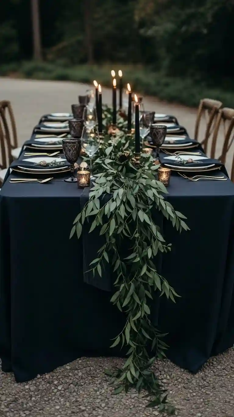Aisle Runners with Coastal Motifs Moody Greenery with Cascading Table Runners