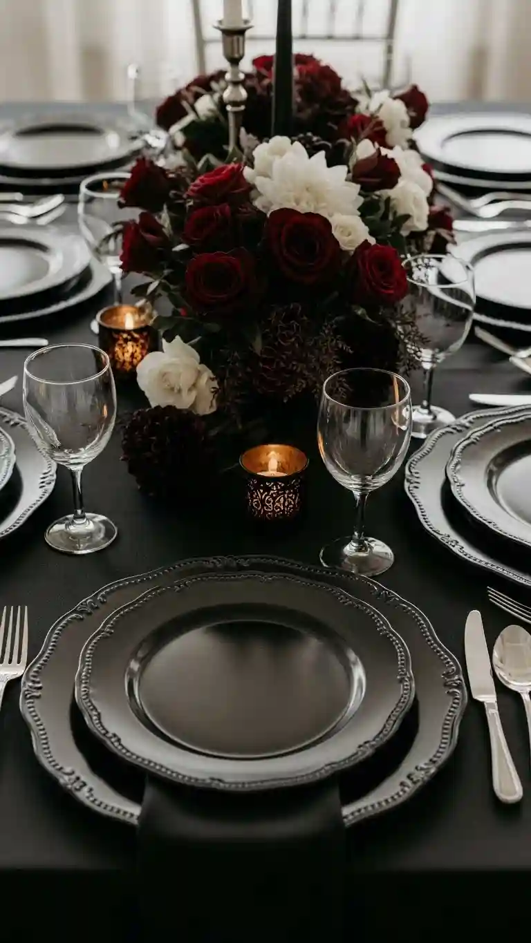 Aisle Runners with Coastal Motifs Black Charger Plates with Ornate Detailing