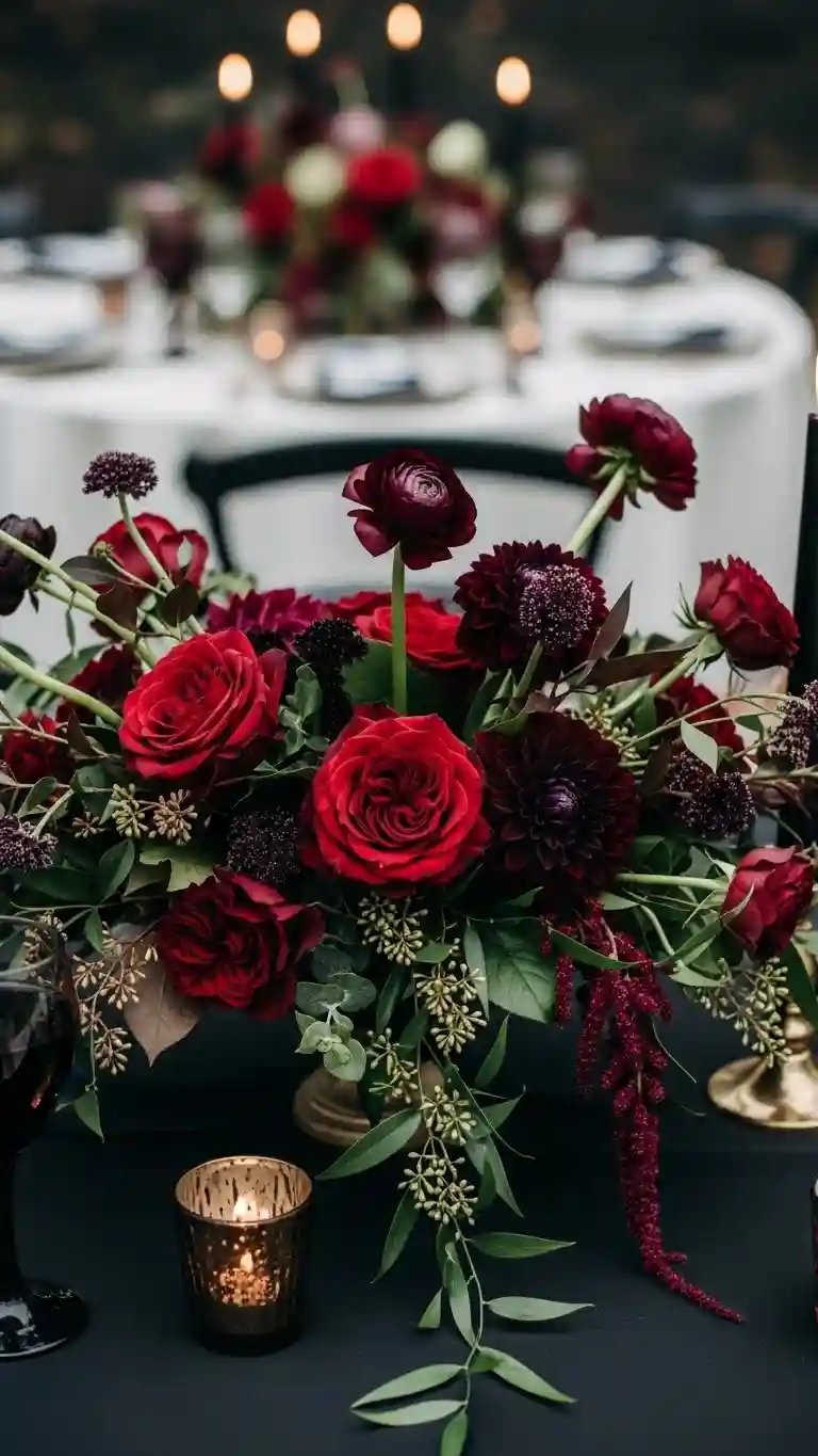 Aisle Runners with Coastal Motifs Dark Floral Centerpieces with Moody Blooms