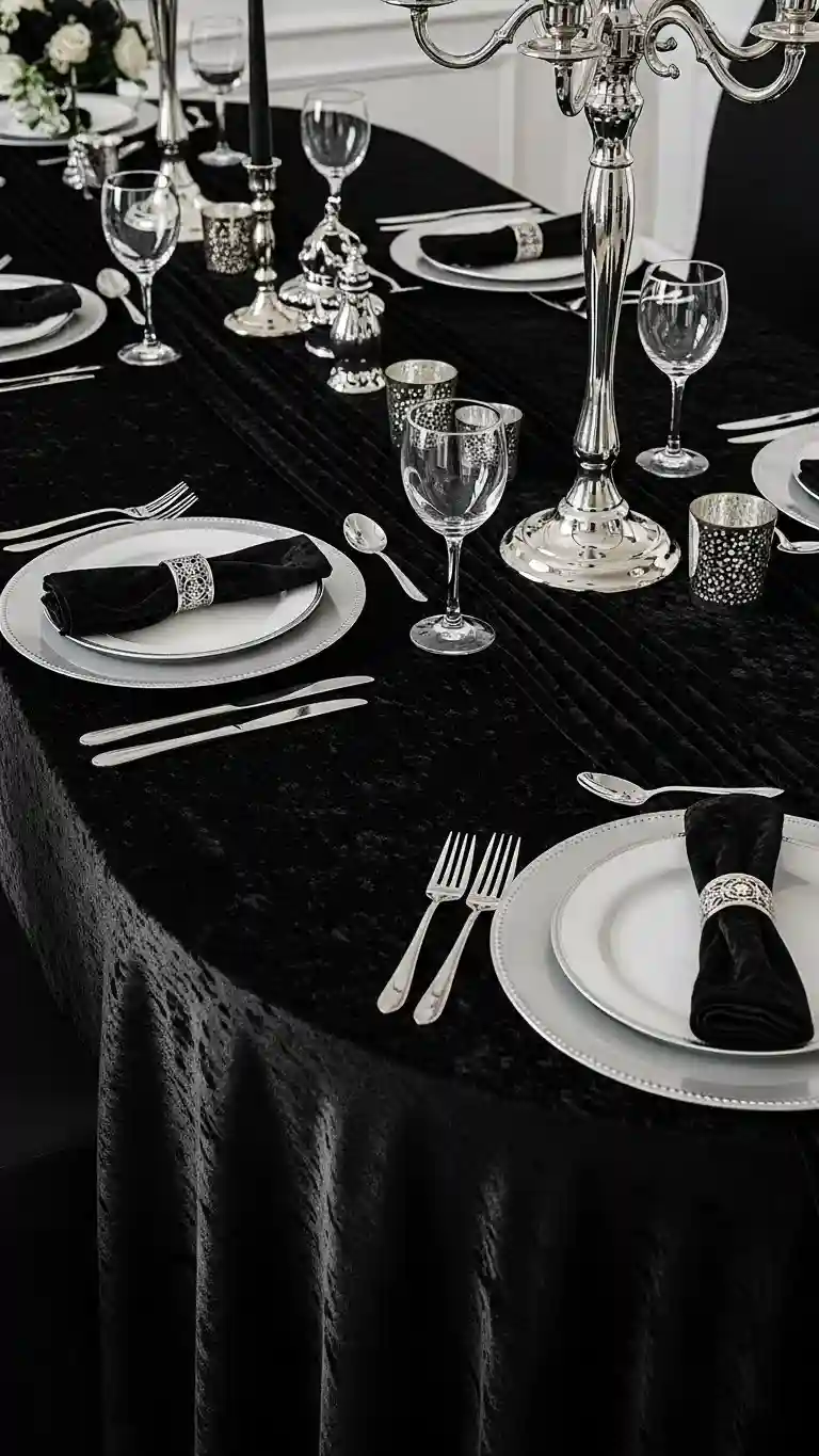 Aisle Runners with Coastal Motifs Black Velvet Table Linens with Silver Accents