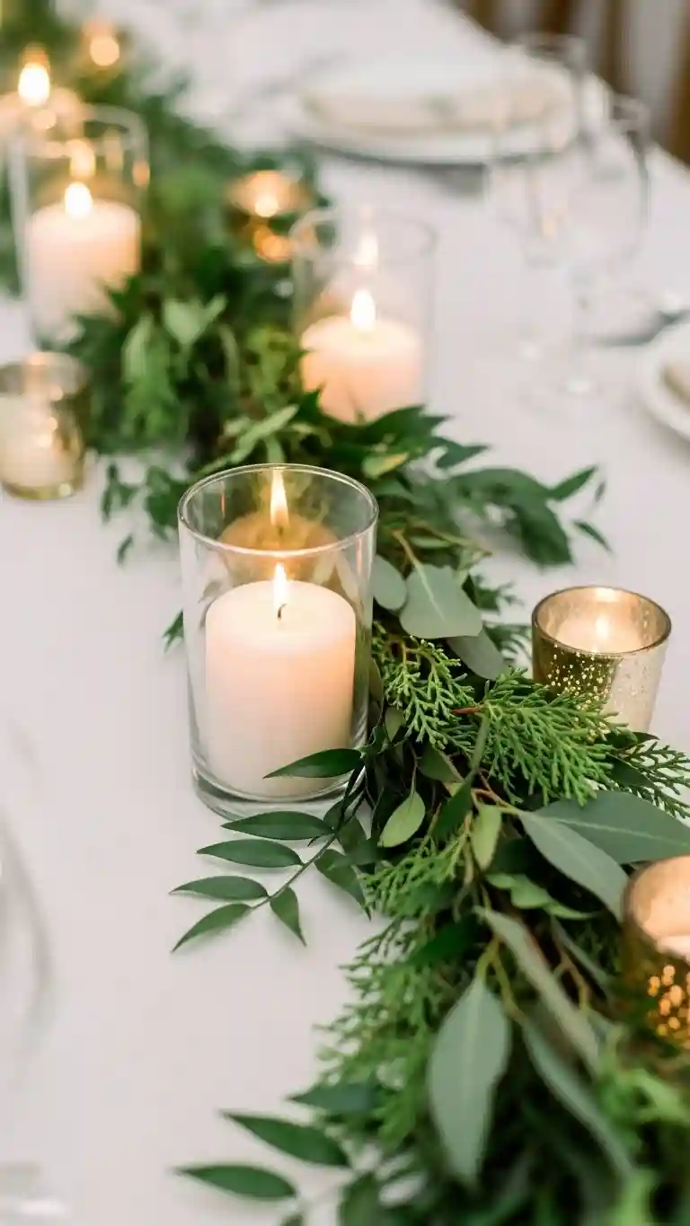 Aisle Runners with Coastal Motifs Candles Styled with Greenery Garlands