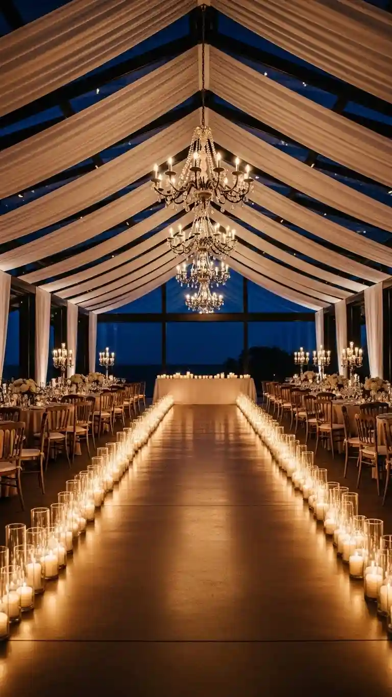 Aisle Runners with Coastal Motifs Candle Displays Along Reception Aisles