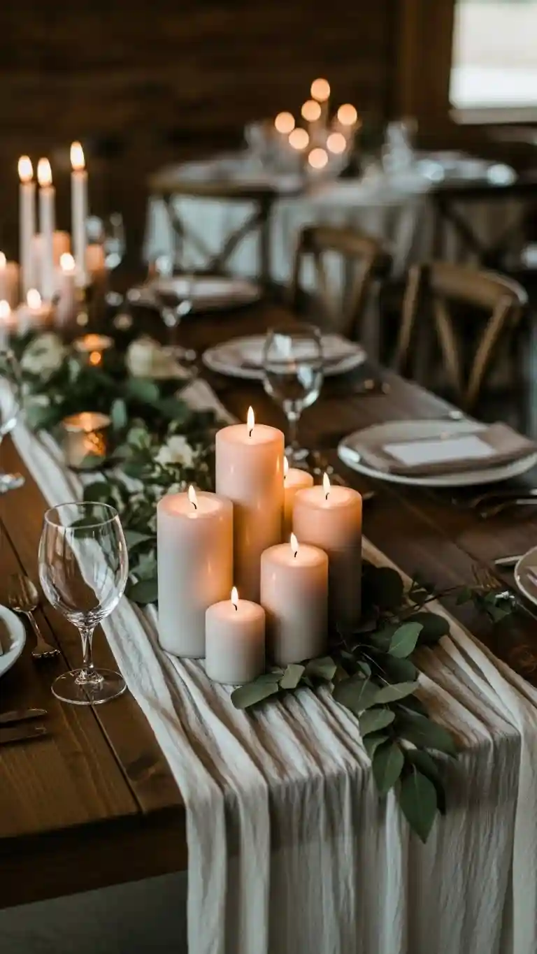Aisle Runners with Coastal Motifs Clustered Candles for Romantic Table Layers