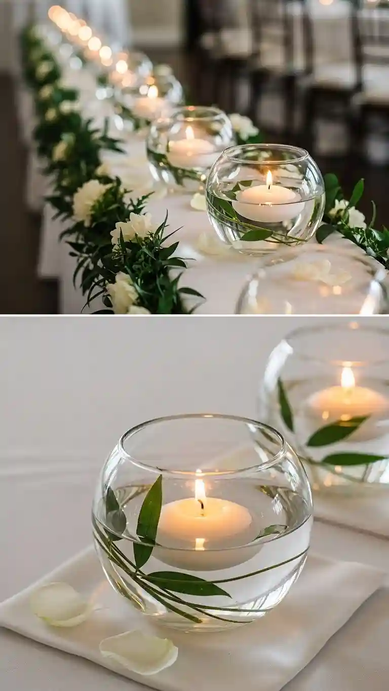 Aisle Runners with Coastal Motifs Floating Candles in Clear Glass Bowls