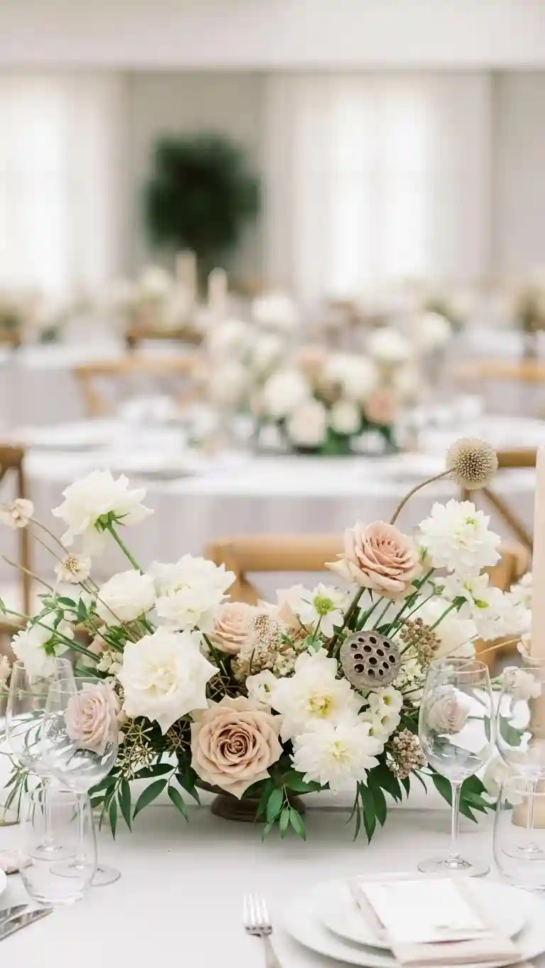 Aisle Runners with Coastal Motifs Neutral Floral Centerpieces with Texture and Height Variation