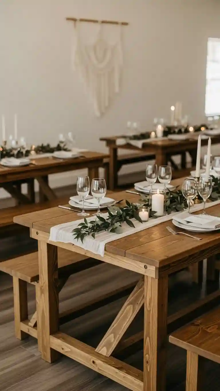 Aisle Runners with Coastal Motifs Wooden Farm Tables for a Warm Neutral Reception Look