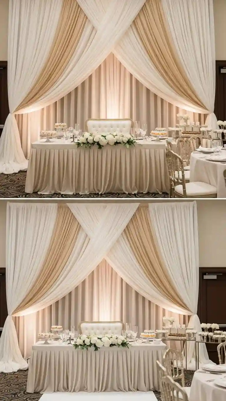 Aisle Runners with Coastal Motifs Draped Fabric Backdrops in Sheer Neutral Layers