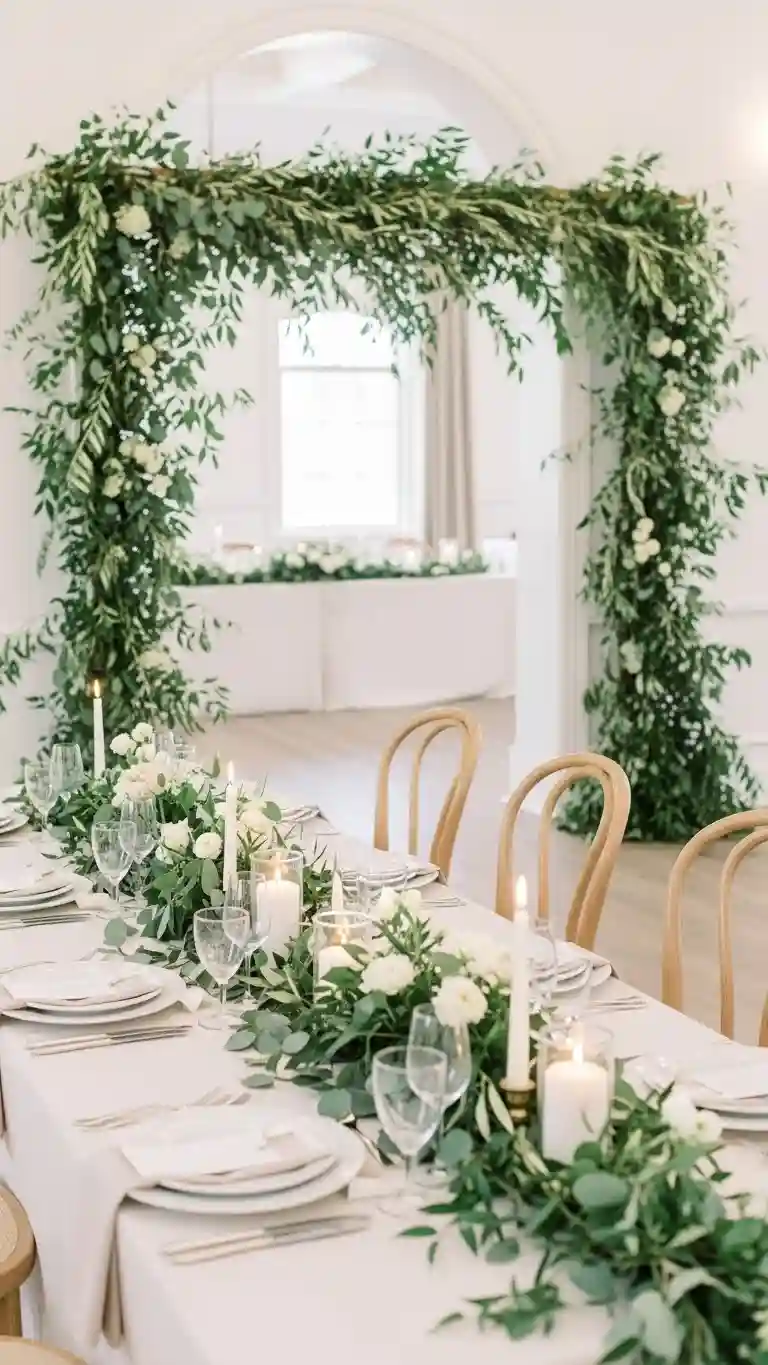 Aisle Runners with Coastal Motifs Soft Greenery Garlands as a Fresh Neutral Accent