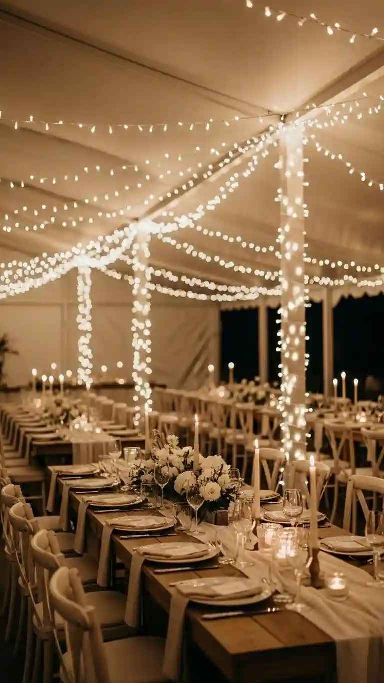 Aisle Runners with Coastal Motifs Subtle Lighting with String Lights or Fairy Lights