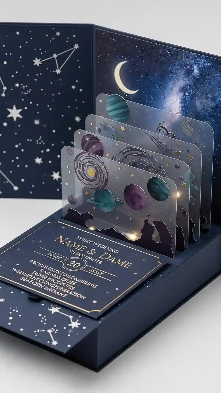 Aisle Runners with Coastal Motifs Night-Sky Inspired 3D Wedding Invitations