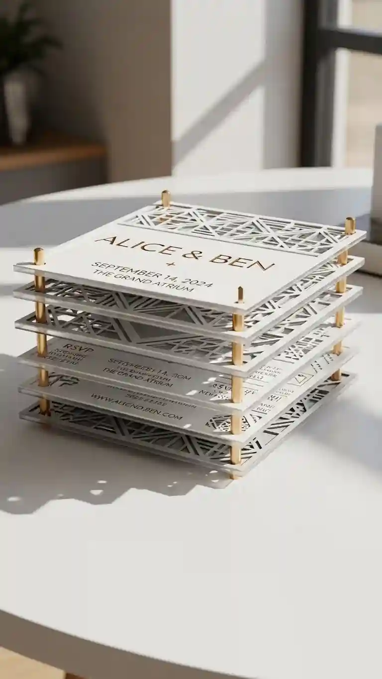 Aisle Runners with Coastal Motifs Modern Grid-Layered 3D Wedding Invitations