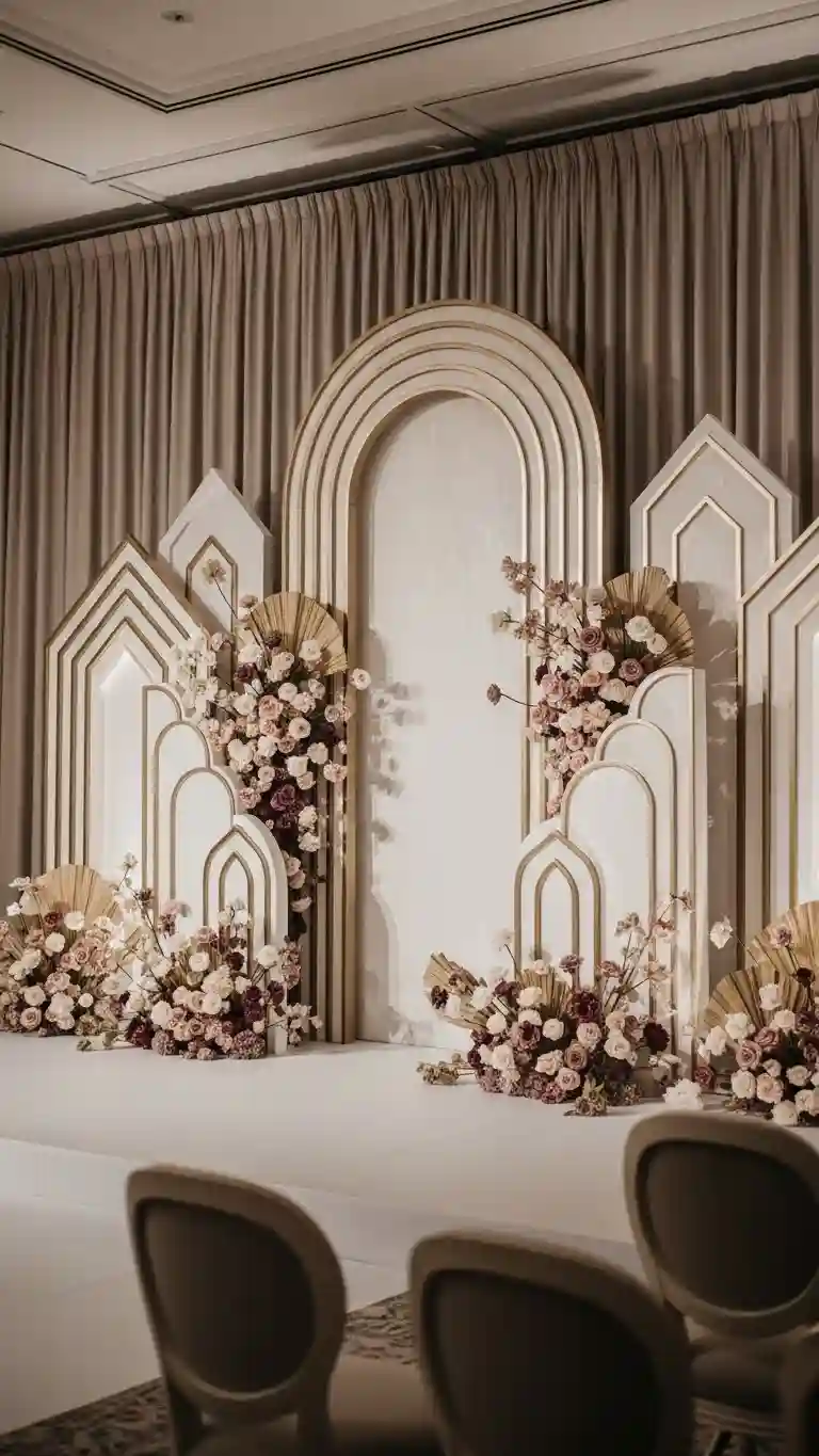 Aisle Runners with Coastal Motifs Sculptural Ceremony Backdrops with Neo Deco Wedding Glam