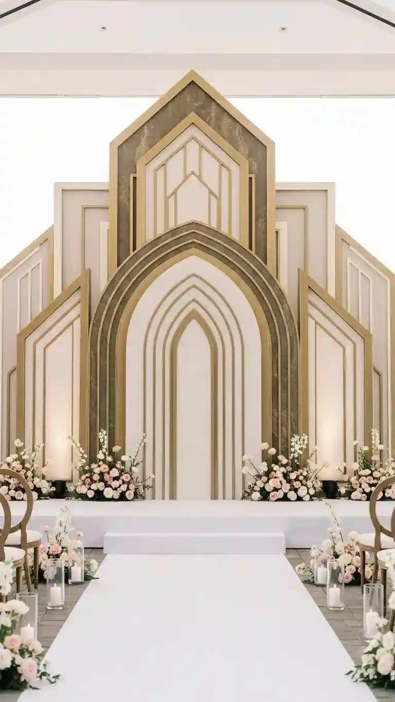Aisle Runners with Coastal Motifs Sculptural Ceremony Backdrops for Neo Deco Wedding Glam