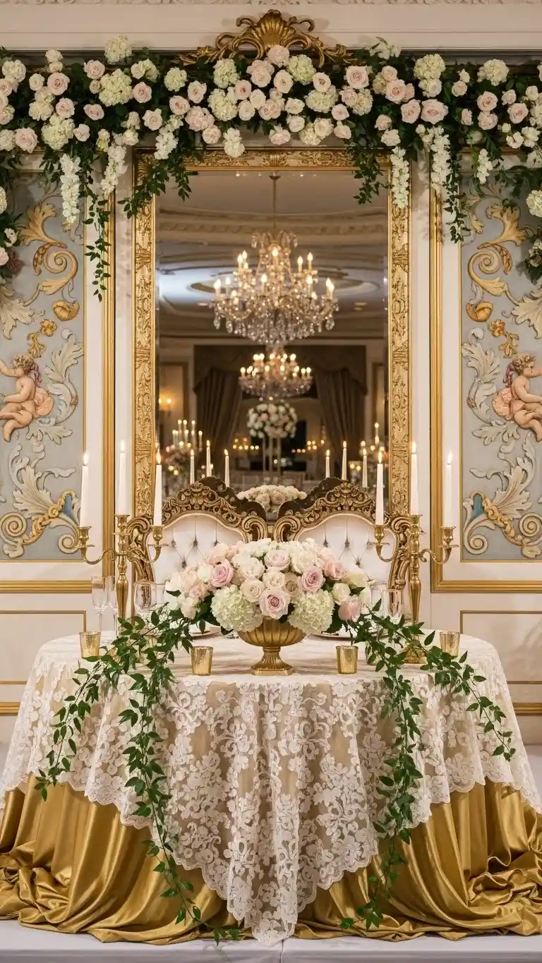 Aisle Runners with Coastal Motifs Statement Sweetheart Tables with Ornate Backdrops