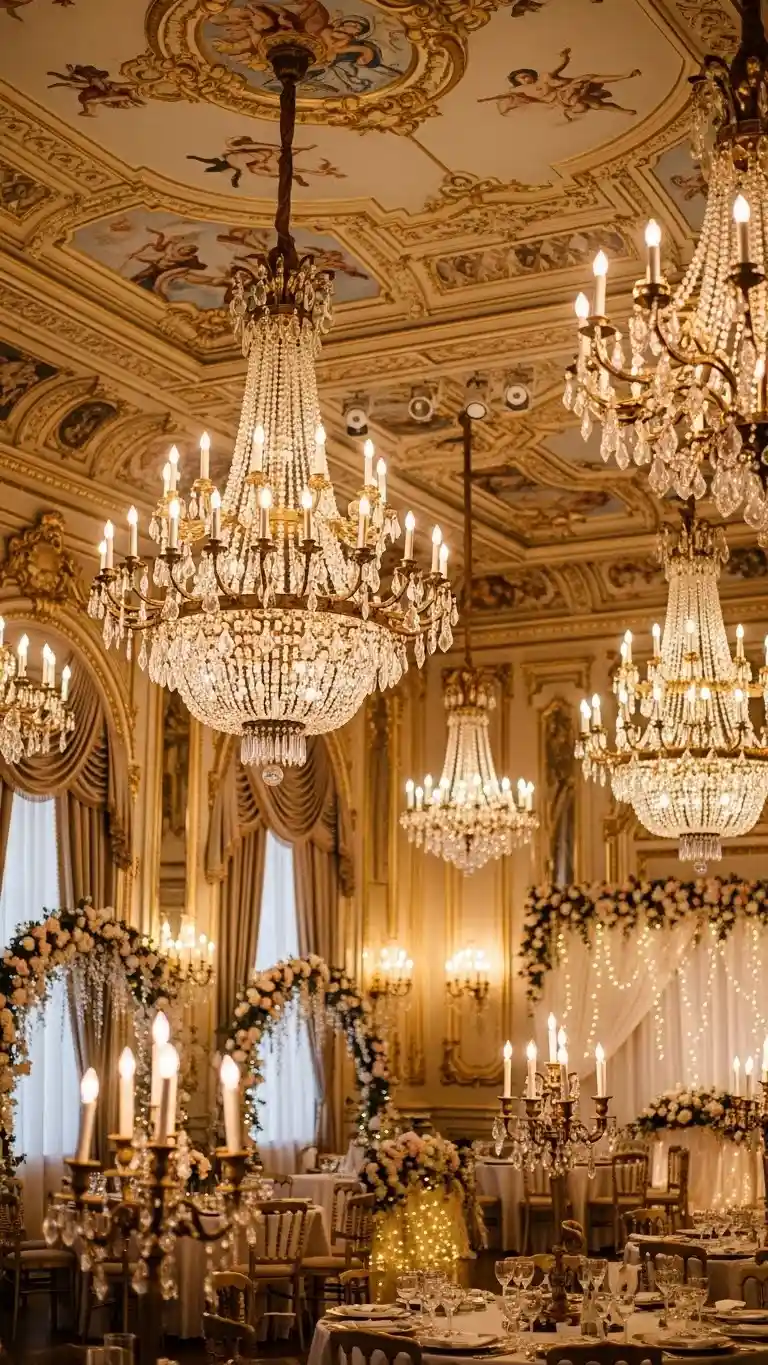Aisle Runners with Coastal Motifs Romantic Chandeliers and Decorative Lighting